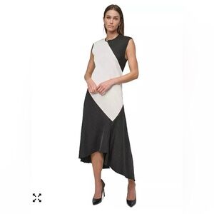 DKNY Black and White Asymmetrical Colorblock Midi Dress